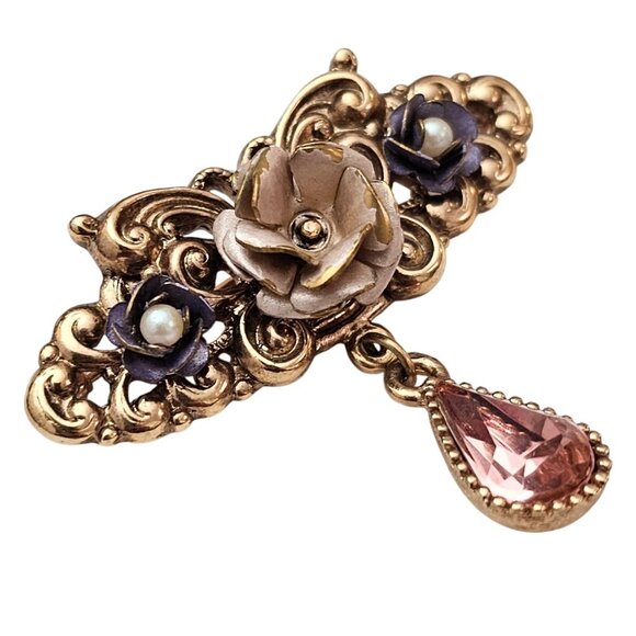 1928 Brand Rose Bar Brooch Faux Pearl Victorian Style Pink Pear Dangle Pin C903 - Picture 3 of 7